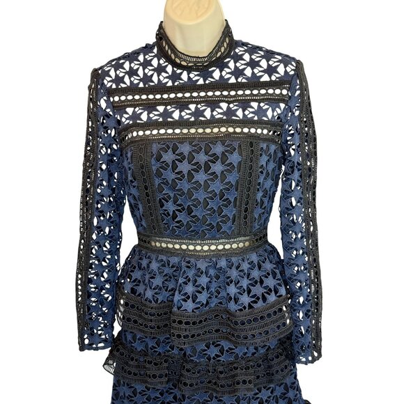 Self Portrait Navy Blue Black High Neck Star Lace Mini Dress - Size XS - Picture 4 of 7